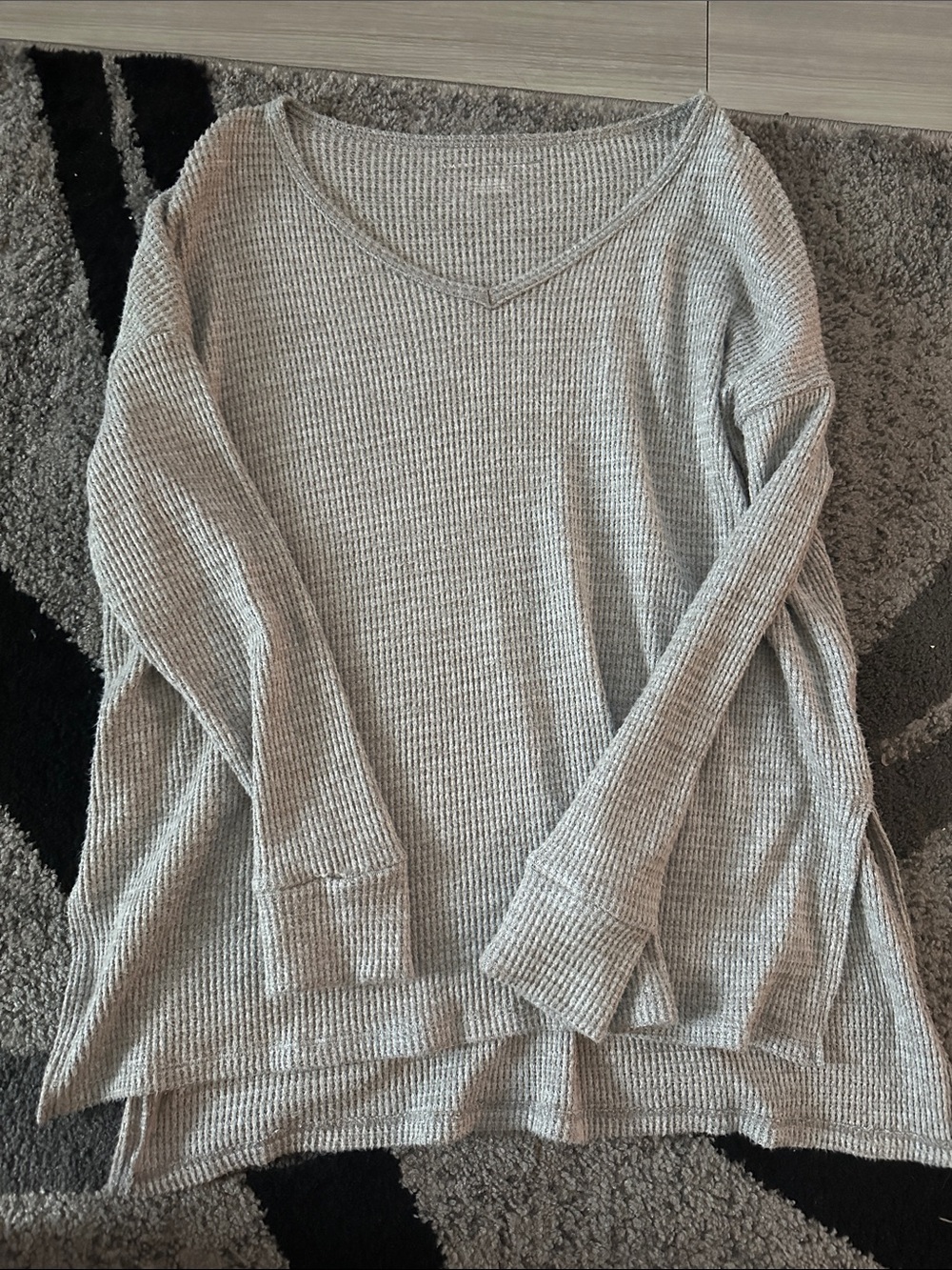 Light Gray V-Neck Waffle Knit Women's Sweater